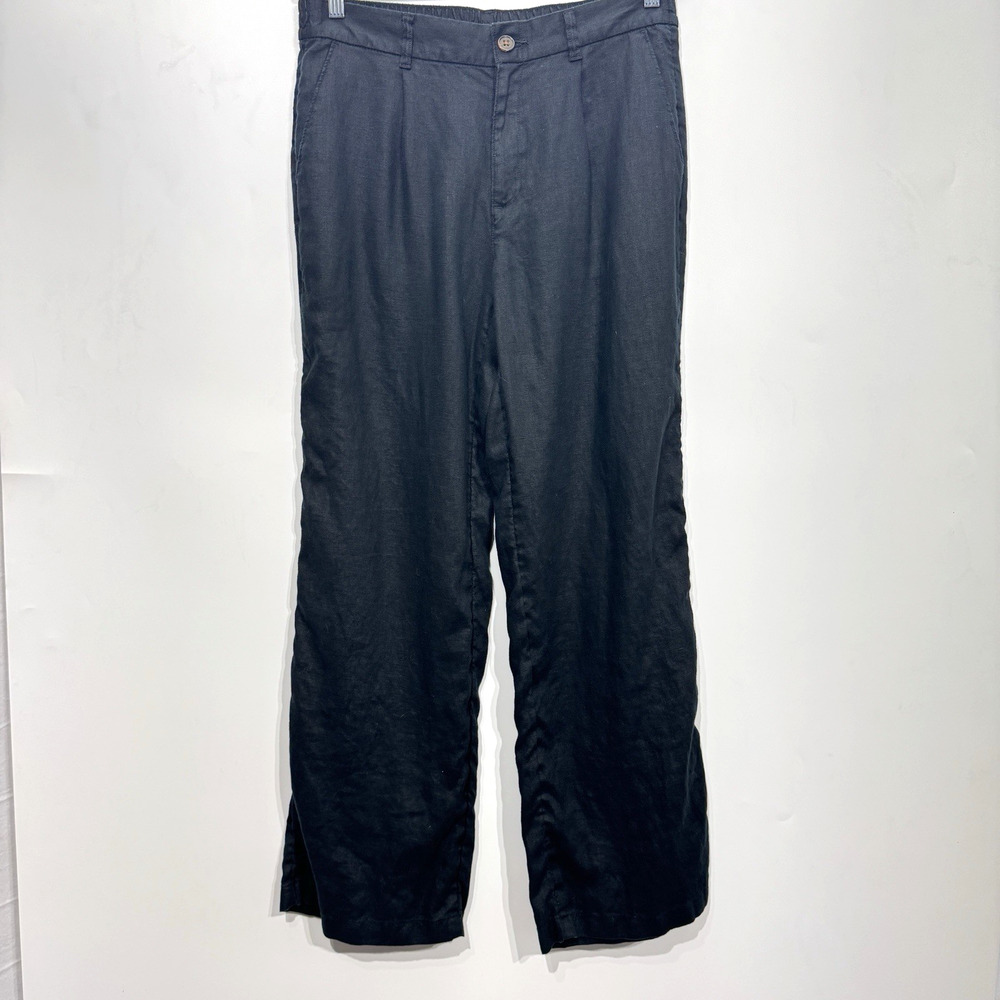 Lands' End Women's 100% Linen Wide Leg Pants Sz 12 Black High Rise Beach Resort